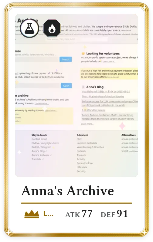Anna's Archive, Légendaire, ATK 77, DEF 91